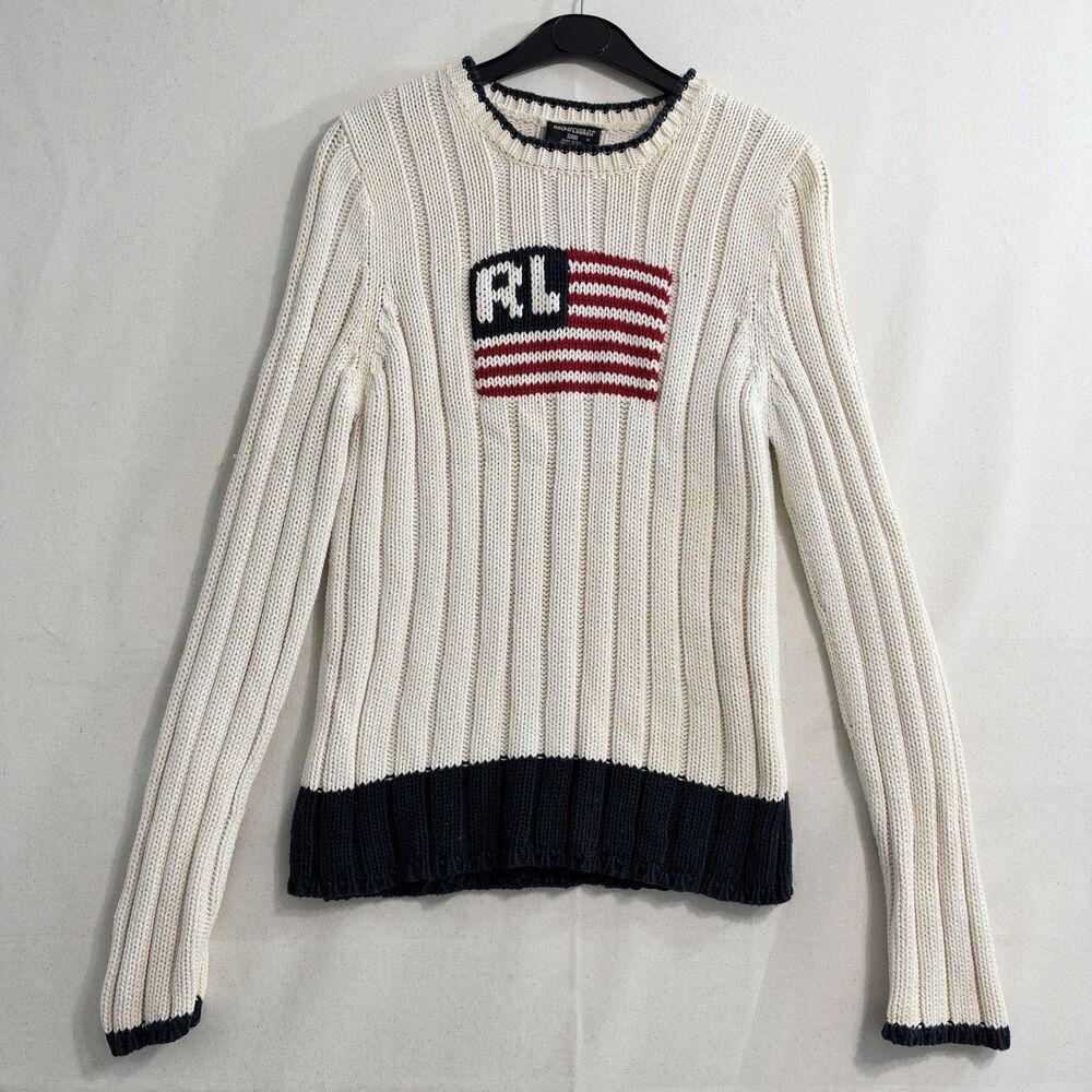 Vintage Polo Ralph Lauren US Flag Cotton Women Sweater Size Medium Cream